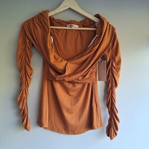 Bailey 44 NWT Rust Brown Ruched Sleeve Deep V-Neck Blouse XS